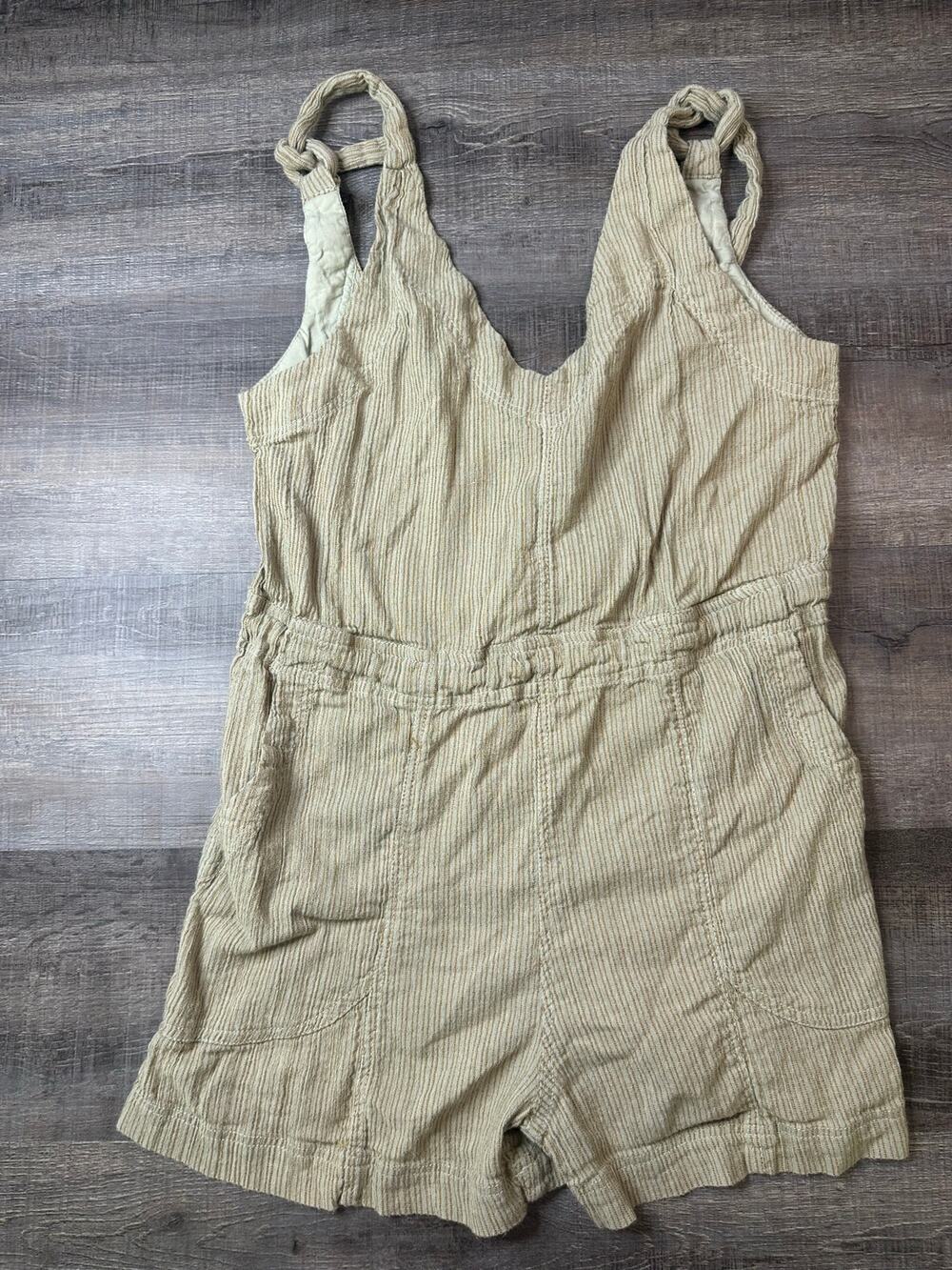 Free People Sorento Linen Shortall Romper Beige Green Striped V-Neck Size Small